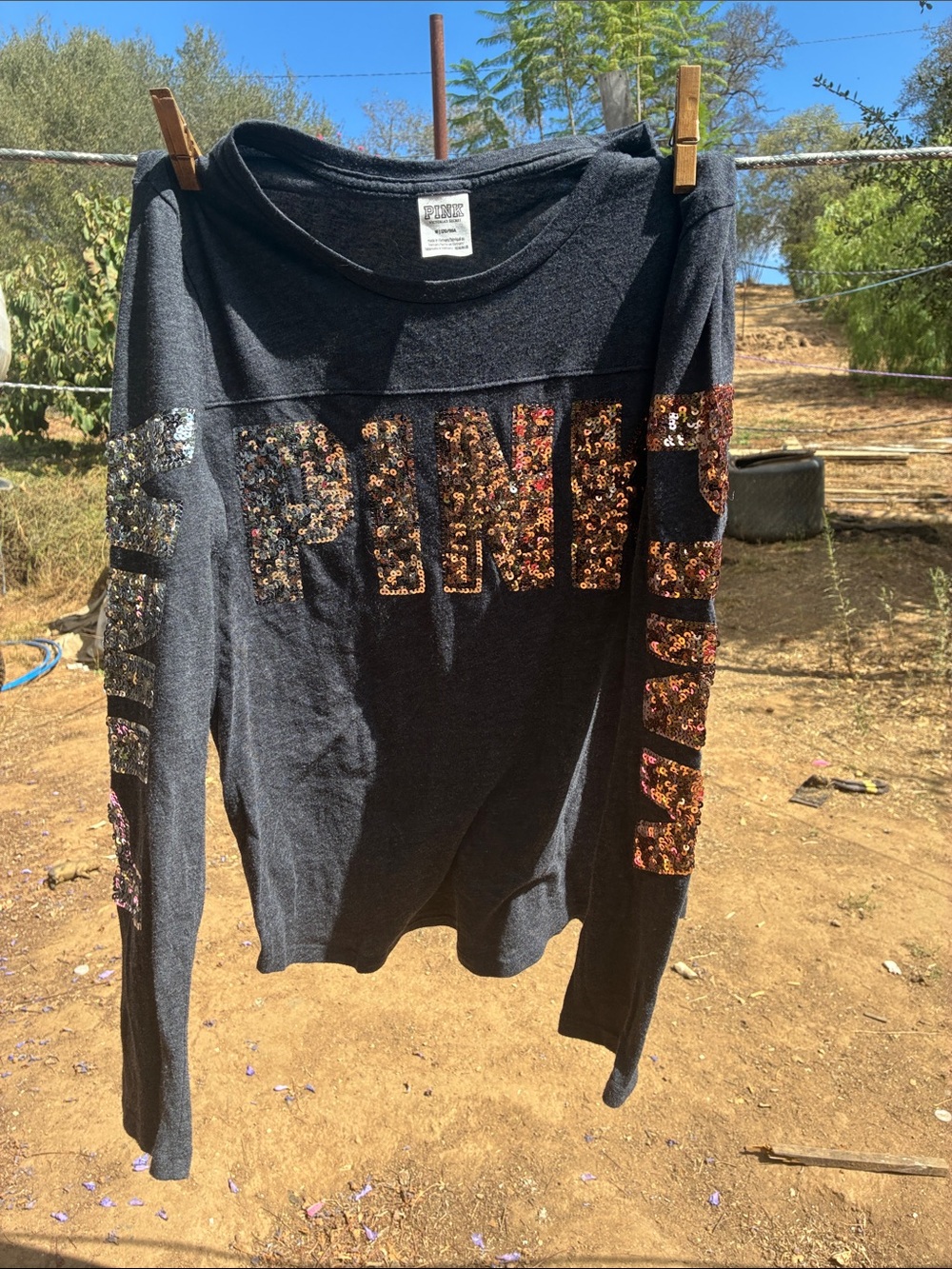 PINK Victoria's Secret Black Long Sleeve Tee with Copper Sequin Logo